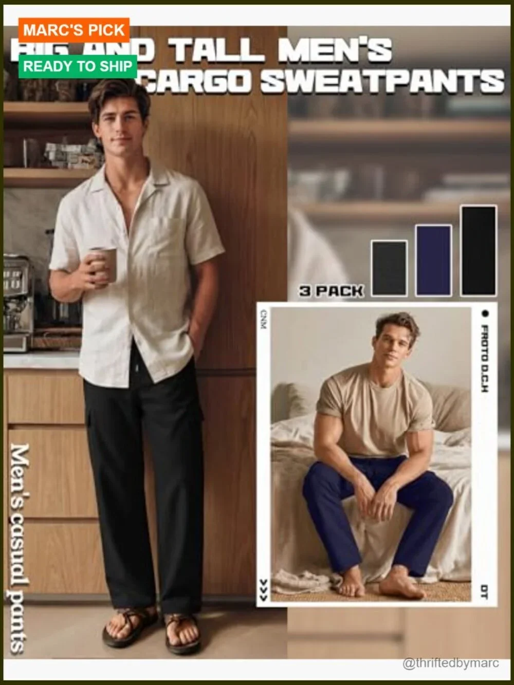 3 Pack Men's Big and Tall Cargo Sweatpants Baggy Straight Leg Drawstring